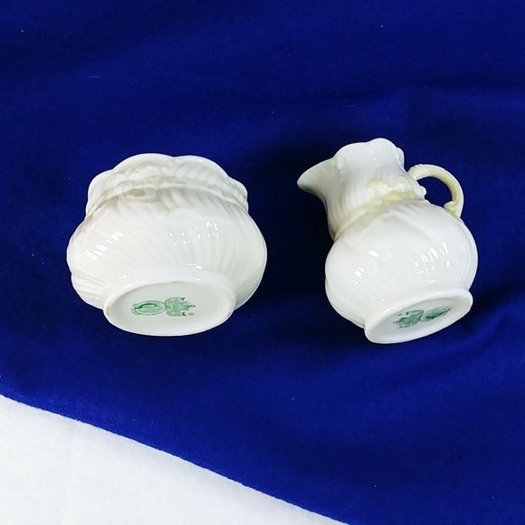 Belleek Sugar Creamer Set Ribbon and Bow Vintage Set Made in Ireland - Picture 7 of 11